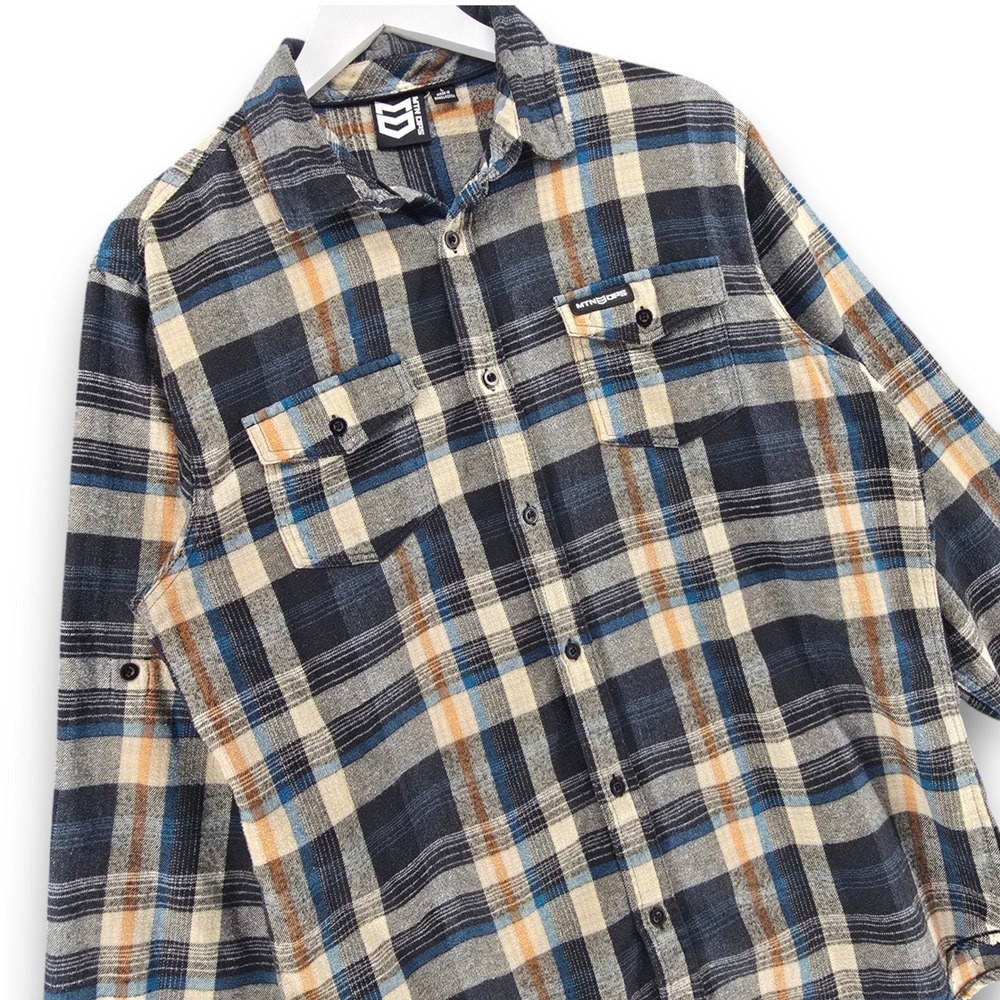MTN OPS Flannel Shirt Mens Large Blue Grey Plaid Long Sleeve Roll Tab Button Up